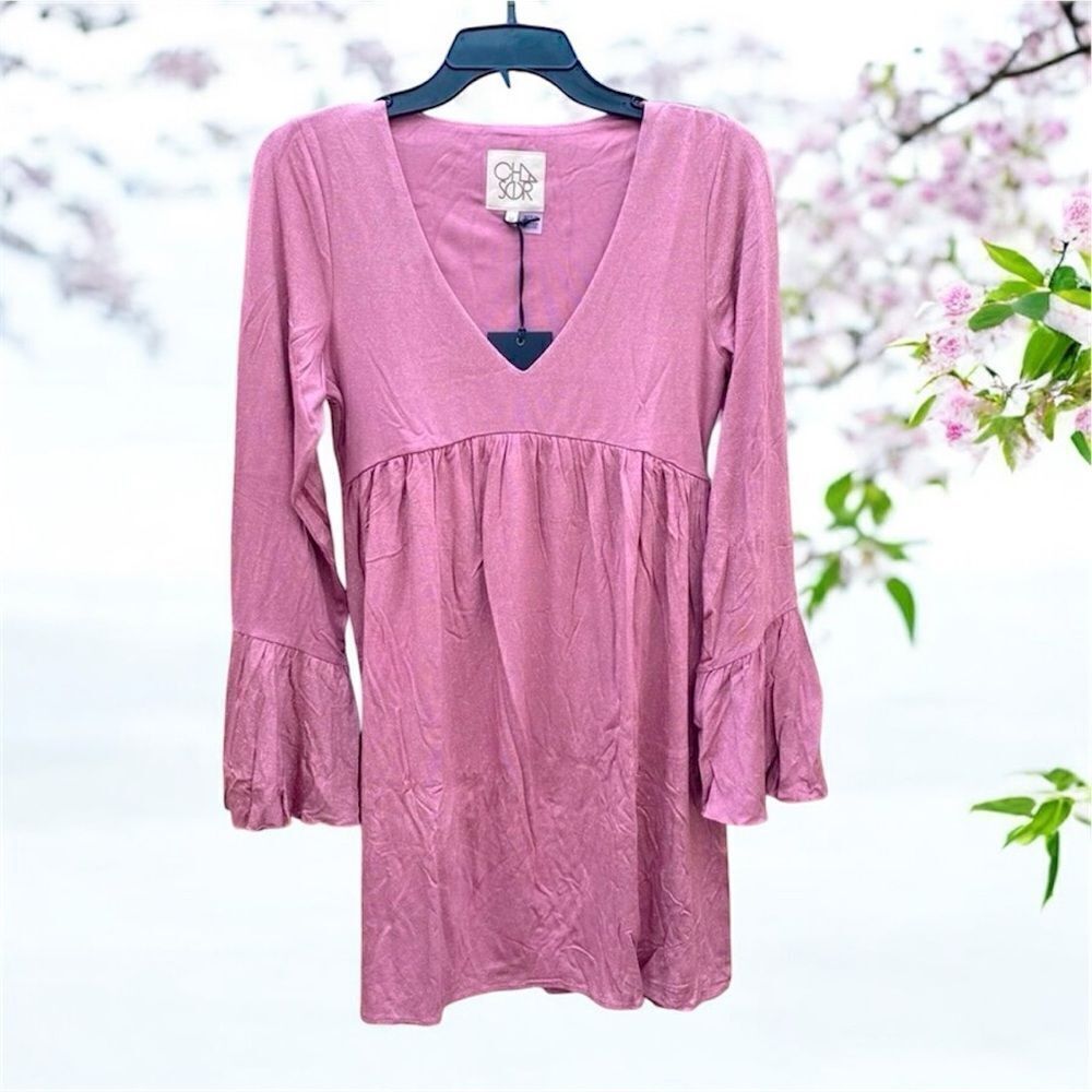 NWT New Chaser Rose Colored Glitter Bell Sleeve V Neck Empire Waist Dress Medium